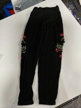 Black Jogger Pants with Pink & Green Embroidered Accents